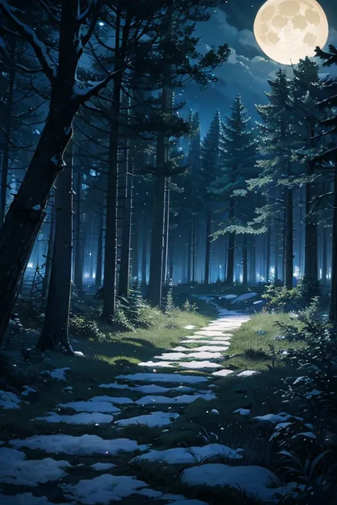 (best quality,4k,8k,highres,masterpiece:1.2),ultra-detailed,(realistic,photorealistic,photo-realistic:1.37), peaceful forest night scenery, forest and moonlight, moonlit forest, moonlight in the forest environment, nighttime forest, forest at night, nightt...