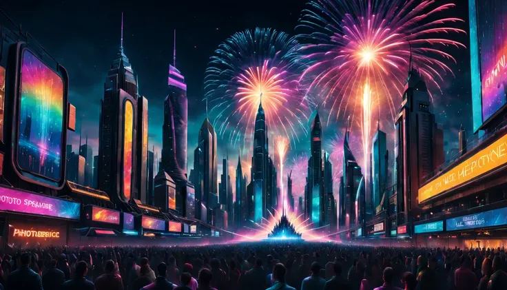 (best quality,4k,8k,highres,masterpiece:1.2),ultra-detailed,(realistic,photorealistic,photo-realistic:1.37),futuristic,cyberpunk,new year celebration,spectacular fireworks display,glowing city lights,technological advancements,impressive architecture,energ...