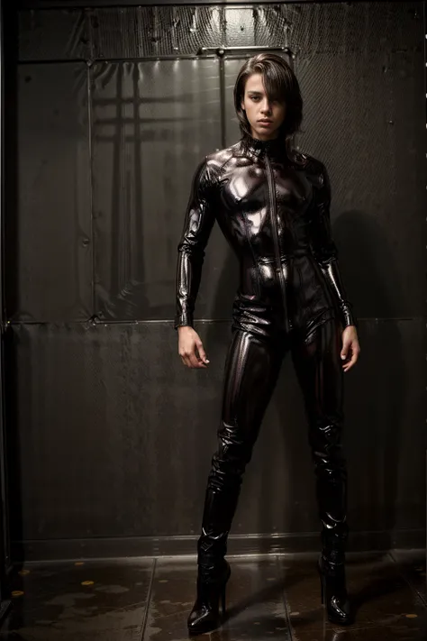 photo realistic Masterpiece, a single sexy Teenage male, skin tight shiny latex suit，full body，head to toe，stiletto high heel boots, standing, Muscular body，Young men，slim, muscles, thin, in a dark dirty dive bar, feminine, , sexy pose, cinematic lighting