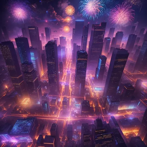 (best quality,4k,8k,highres,masterpiece:1.2),ultra-detailed,(realistic,photorealistic,photo-realistic:1.37),futuristic,cyberpunk,new year celebration,spectacular fireworks display,glowing city lights,technological advancements,impressive architecture,energ...