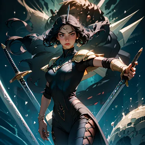 (masterpiece,High quality,Top quality,super detail, best quality ,)1 woman,black hair,hair details,beautiful,black bodysuit,fight,((holding a baton)),skin details,body details,facial details,hd,fullbody,1 man,muscle,handsome,(((holding a great sword)))