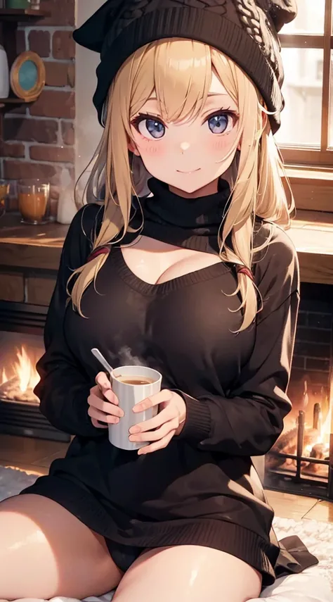 high-level image quality,hightquality,a beauty girl,knit hat,cleavage of the breast,Large sweaters,ssmile,Hot milk,fireplace