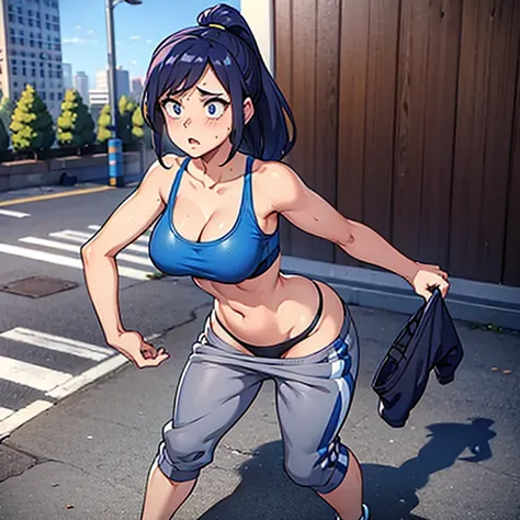 Sexy woman, blue sports bra, grey sweatpants, pants falling down, showing panties, sneakers, outside, full body, crowded city, embarassed, shy, sexy, standing