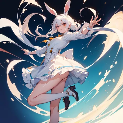 (masterpiece,High quality,Top quality,super detail, best quality ,)hair detail ,skin details,body details,facial details,full body view,1 woman, beautiful,  cute face,rabbit ear shape,rabbit,white hair,white short skirt,She is kicking,stand on one leg