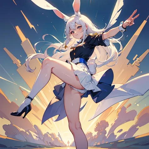 (masterpiece,High quality,Top quality,super detail, best quality ,)hair detail ,skin details,body details,facial details,full body view,1 woman, beautiful,  cute face,rabbit ear shape,rabbit,white hair,white short skirt,She is kicking,stand on one leg