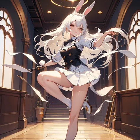 (masterpiece,High quality,Top quality,super detail, best quality ,)hair detail ,skin details,body details,facial details,full body view,1 woman, beautiful,  cute face,rabbit ear shape,rabbit,white hair,white short skirt,She is kicking,stand on one leg