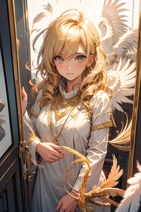 A light golden haired female angel with hazel eyes and white feathers with golden feathers is looking in the mirror