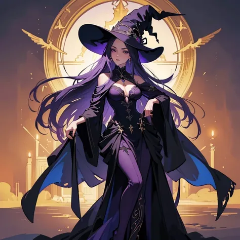 (masterpiece,High quality,Top quality,super detail, best quality ,)hair detail ,skin details,body details,facial details,full body view,1 woman,witch,beautiful,Tall body,Wearing a dark purple outfit,sexy dresses,