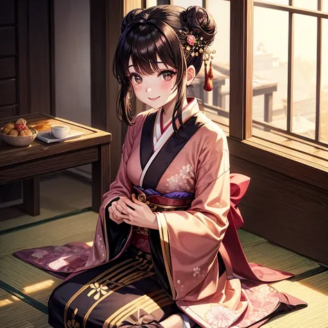 animesque、a beauty girl、kimono、Brown hair、Black eyes glow、A smile、Bun hair、Seiza