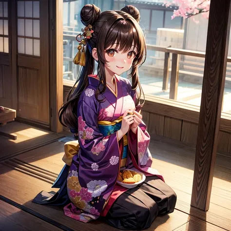 animesque、a beauty girl、kimono、Brown hair、Black eyes glow、A smile、Bun hair、Seiza、buckwheat、Dining