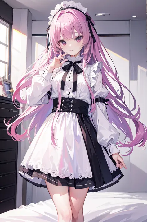 one-girl，solo,Purple eye，167cm height，55cm bust，RAW photogr, Camera gaze, ((quality, 8K, tmasterpiece: 1.3)), white colors女仆lack short skirt，, mitsukasa ayase,Purple eye，Pink medium long hair， Smaller,, (natural soft light, : 1.1), Indoors，in a  bedroom，si...