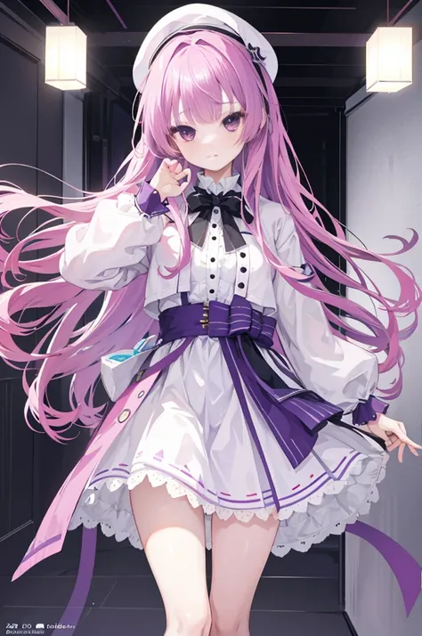 one-girl，solo,Purple eye，167cm height，55cm bust，((quality, 8K, tmasterpiece: 1.3)), white colors女仆lack short skirt，, mitsukasa ayase,Purple eye，Pink medium long hair， Smaller,, (natural soft light, : 1.1), Indoors，in a  bedroom，sitted, white colors透明连裤袜，wh...