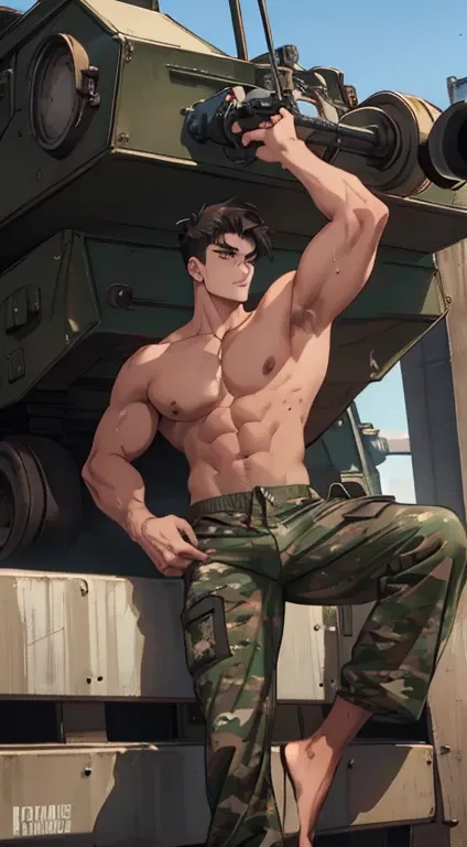 Shirtless (handsome), sporty, military, pretty perfect face, cut short hairstyle, (furry body), camouflage pants, barefoot, beautiful feet, industrial background, (sweat), tired, (masterpiece), best quality, highest detail, superior quality, natural lighti...