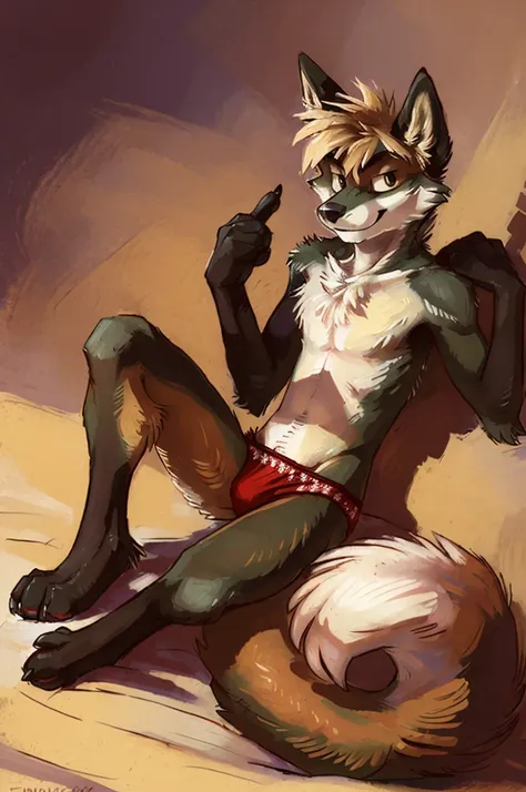 solo, wolf, male, slender, ((twink)), uploaded to e621, beautiful and detailed, kenket, uploaded to e621, Christmas, body wrapped in red ribbon, laying on back, fluffy tail, mohawk, lace underwear, sly smile