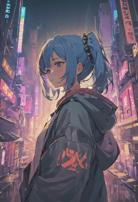 Anime - Imagen de estilo de una mujer en una ciudad por la noche, Chica de anime cyberpunk con sudadera con capucha, Arte digital cyberpunk anime, Mejor fondo de pantalla de Anime 4K Konachan, Estilo anime 4K, Digital Cyberpunk - Arte Anime, Anime Art Wall...