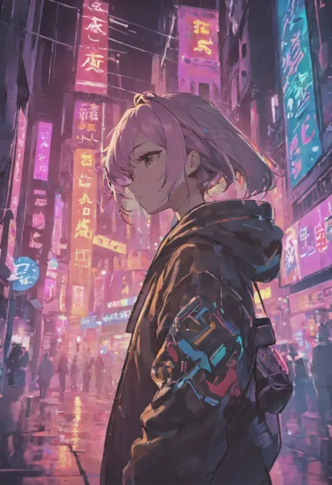 Anime - Imagen de estilo de una mujer en una ciudad por la noche, Chica de anime cyberpunk con sudadera con capucha, Arte digital cyberpunk anime, Mejor fondo de pantalla de Anime 4K Konachan, Estilo anime 4K, Digital Cyberpunk - Arte Anime, Anime Art Wall...