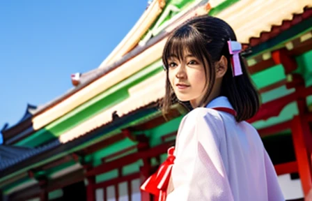 A shrine maiden standing in the town