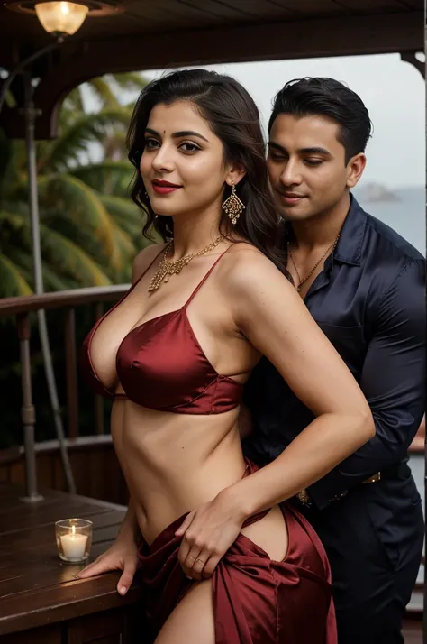 night scene from side view, extreme close up photo of young muscular man grabbing vedhika from behind, big cheeks, woman is wearing satin lengha cholli man is shirtless, hourglass figure, deep cleavage, romancing each other in a ship deck in sea, showing a...