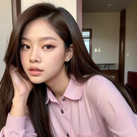 A woman posing like the last photo BLACKPINKs Jennie posted. Eyes like BLACKPINKs Jennie, hair like BLACKPINKs Rosé, face like Ives Wonyoung, some spots on the face near the mouth, nose and cheek. Pale skin, honey brown eyes, wearing a pink blouse and blue...