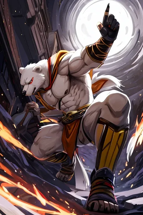 A fierce ice bear ninja stands tall in a black kimono, performs a powerful kick. The detailed rendering of his bare feet, complete with sharp claws and white fur, adds to the intensity of the image. The full figure of the ninja is depicted in a dynamic pos...