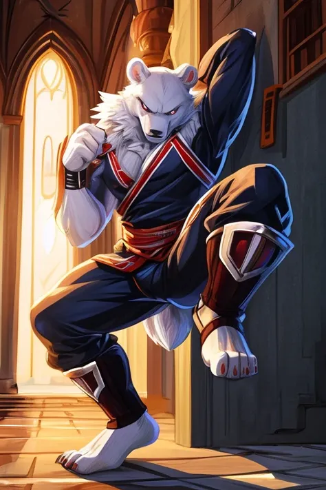 A fierce ice bear ninja stands tall in a black kimono, performs a powerful kick. The detailed rendering of his bare feet, complete with sharp claws and white fur, adds to the intensity of the image. The full figure of the ninja is depicted in a dynamic pos...