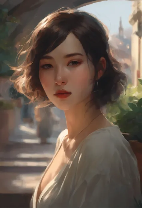 portraite of a, Young European woman, Her thin straight eyebrows came together into a thread.., dark circles appeared under the eyes. Makoto Shinkai and (Cain&#39;Plague), sakimichan and makoto shinkai, guweiz, kissing together, artwork in the style of guw...