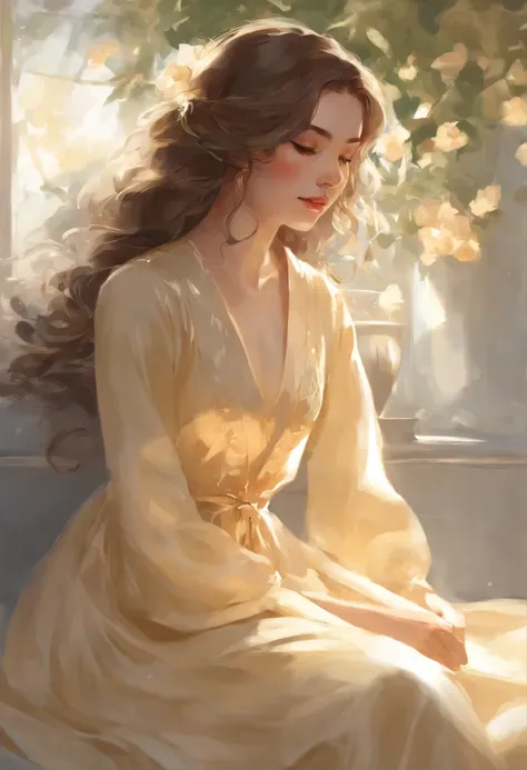 portrait of a princess, little girl, with big golden curls in a silk nightgown down to her feet, Her thin straight eyebrows came together into a thread, and dark circles appeared under the eyes.Makoto Shinkai and (Cainova plague), sakimichan and makoto shi...