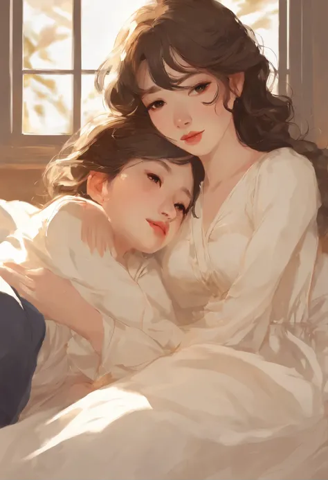 portrait of a princess, little girl, with big golden curls in a silk nightgown down to her feet, Her thin straight eyebrows came together into a thread, and dark circles appeared under the eyes.Makoto Shinkai and (Cainova plague), sakimichan and makoto shi...