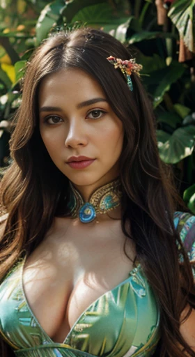 (best quality,ultra-detailed,photorealistic),young woman,beautiful eyes,detailed lips,pensive expression,soft lighting,vibrant colors,,long flowing hair,stylish warrior outfit, jungle background,colorful flowers,natural sunlight,serene atmosphere, hourglas...