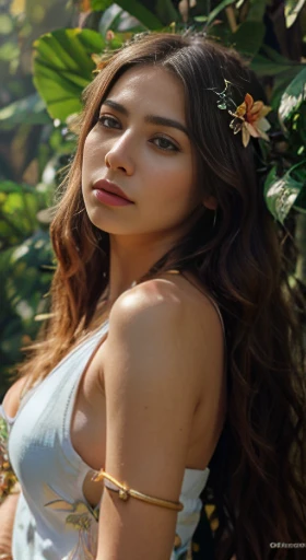 (best quality,ultra-detailed,photorealistic),young woman,beautiful eyes,detailed lips,pensive expression, soft lighting,vibrant colors, long flowing hair, stylish warrior outfit, jungle background,colorful flowers,natural sunlight,serene atmosphere, hourgl...