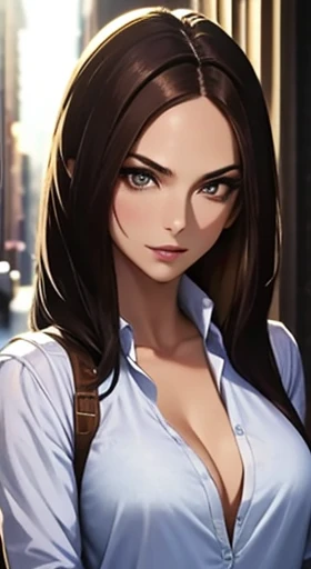 ((Best quality, 8k, Masterpiece :1.3)), Sharp focus :1.2, A pretty woman with perfect figure :1.4, Slender abs :1.2, ((Dark brown hair, B-cup of breasts :1.4)), (wearing white button up shirt, no bra, Jean :1.1), City street:1.2, Highly detailed face and s...