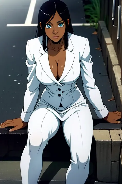 a dark skin woman sitting on road wearing white suit