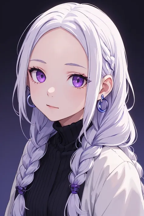 1girl, white hair, side_braid long wavy hair, purple eyes, blue earrings, ((forehead shown)), ((no bang hair))