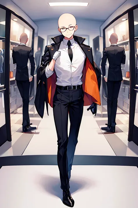 1boy, bald, glasses, jacket, gloves, belt, black pants, pants, smile, full-body, ((full body)), standing, laboratory, white clothes