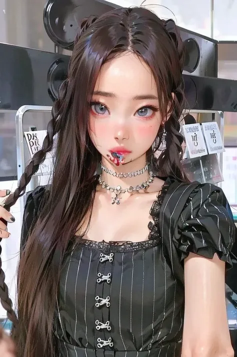 a close up of a woman con el pelo largo wearing a dress, peinado de coletas, ulzzang, Peinado twintails, con coletas negras, cruel korean goth girl, two peinado de coletas, Blackpink Jennie, Jossi de Blackpink, con el pelo largo and piercing eyes, Parque R...