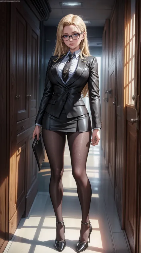 masterpiece, best quality, blonde hair, sfKolin, glasses, black shiny skirt suit, (((three-piece suit))), necktie, blazer, suit jacket, waistcoat, bodycon skirt, snow, grey sky, black gloves, holding clipboard, looking at viewer, high heels, photorealistic...