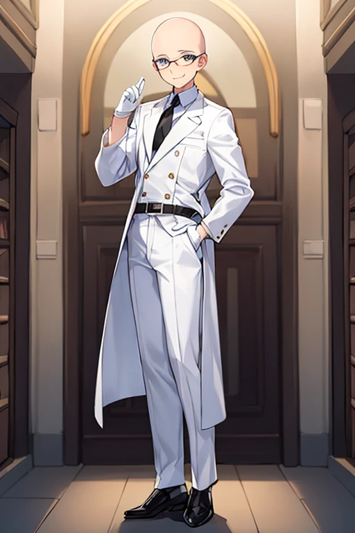 1boy, bald, glasses, lab coat, white shirt, gloves, belt, black pants, pants, smile, full-body, ((full body)), standing, laboratory, white clothes