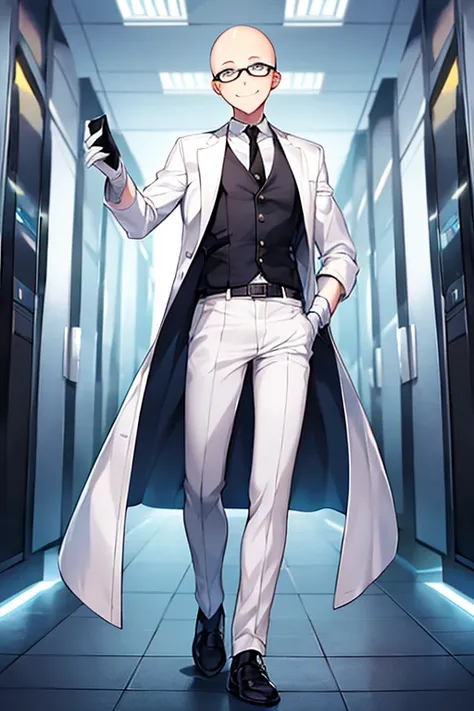 1boy, bald, glasses, lab coat, white shirt, gloves, belt, black pants, pants, smile, full-body, ((full body)), standing, laboratory, white clothes