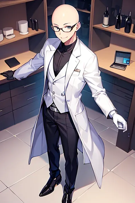 1boy, bald, glasses, lab coat, white shirt, gloves, belt, black pants, pants, smile, full-body, ((full body)), standing, laboratory, white clothes