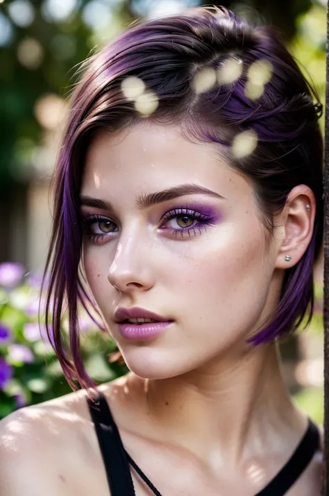 ((Best quality)), ((Ultra Resolution)), ((photorealistic)), (Intricate details), 19 years old, violet hair, Perfect face, makeup: 1.5, Light on the face, Detail of the face, naked, short hair, brunette