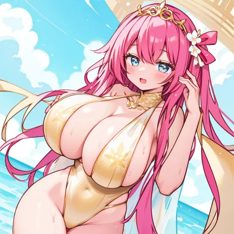 1girl,fantasy pink tiara white and gold, swimsuit, huge breast, kawaii,