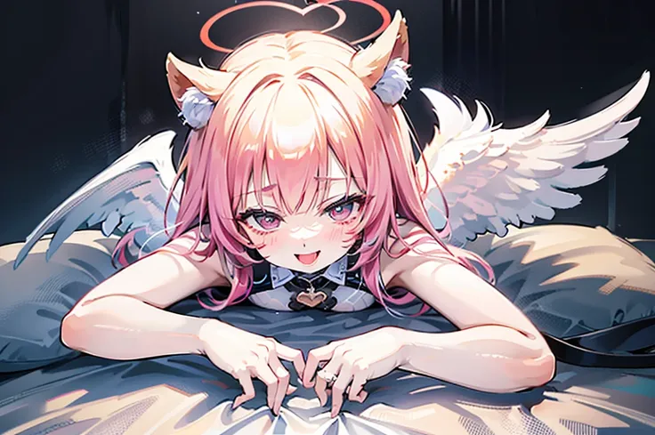 angel　Seduction poses　　　kawaii faces　Smiling face　　heart mark　halo　pope Dresses　Pose with open arms　Angle from above　Blushing face　Heavy sigh　Pose with tongue sticking out　on the beds　Lying down　Full body