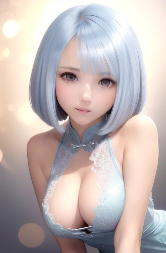 (flowy haircut) , ((Bob haircut with over the shoulder and side swept brow length bangs)) , (((silver blue hair))), ((thousands optical light dots bokeh background)), (center spotlight behind girl), ((back lit hair)) ,solo girl, ultra detailed, young Japan...