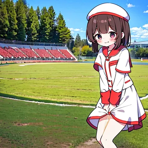 marching band drum major girl,School sports ground,Wearing a red and white outfit,skirt by the,Leaking pee,stain clothes with urine,Holding a stick,両手でskirt by theを抑える,Futomo,Emphasis on embarrassment,red blush,spill liquid from crotch,lace up boots,Sunny ...