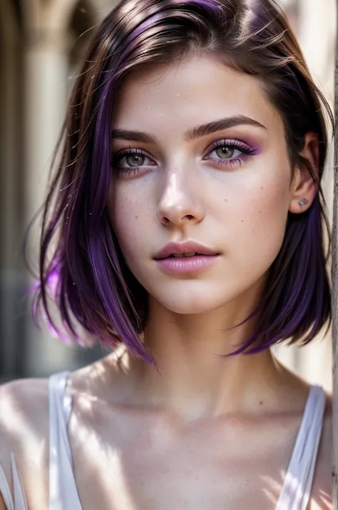 ((Best quality)), ((Ultra Resolution)), ((photorealistic)), (Intricate details), 19 years old, violet hair, Perfect face, makeup: 1.5, Light on the face, Detail of the face, naked, short hair, brunette