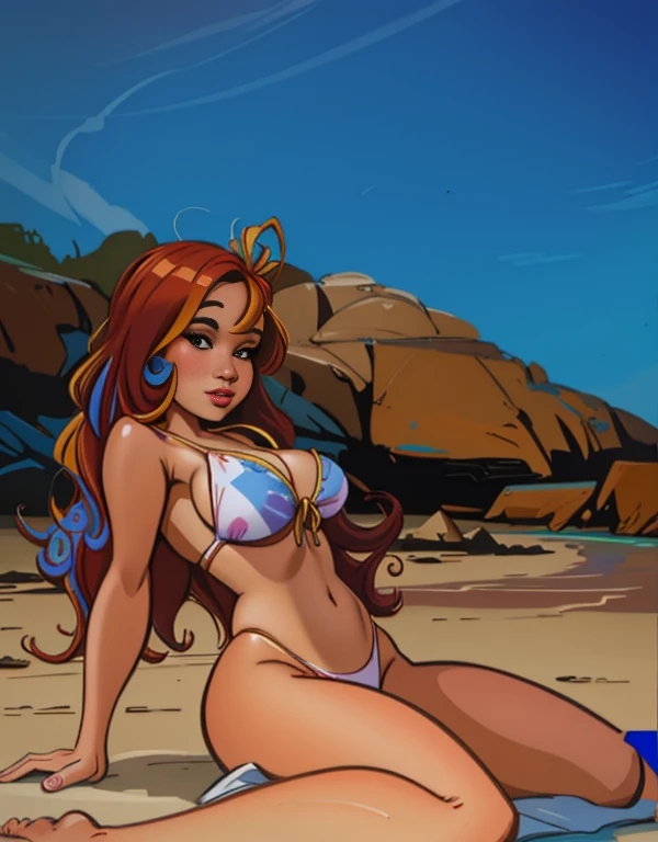 painting of a woman in a bikini sitting on the beach, in style of Pintura digital, in illustration style digital, baixo detalhamento. Pintura digital, in the style of an oilpainting, digital oil painting, in a oil painting style, airbrush digital oil paint...