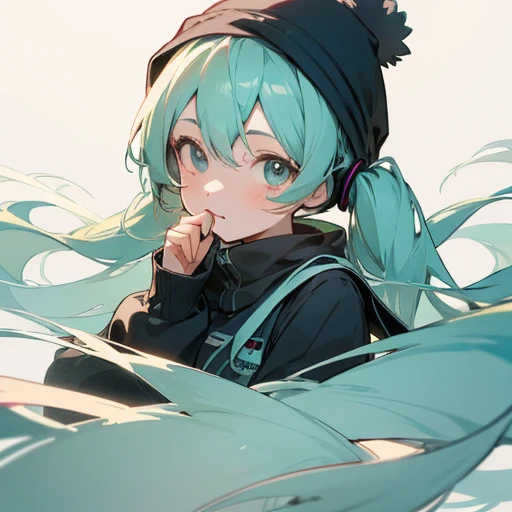 Hatsune Miku wallpaper，Q printmaking style，stickfigure，Beanie eyes，A cute girl