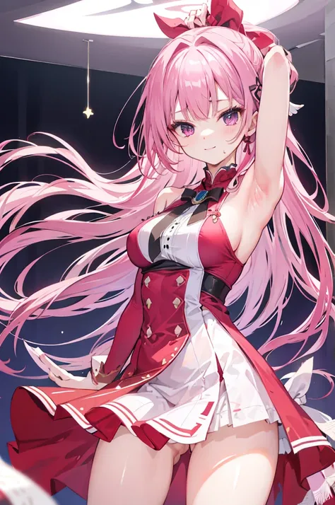 one-girl，Pink medium long hair，Indoors，165cm height，55cm bust，Purple eye，Red dress，red dresposing the abdomen，White panty hose，Bare hands臂，Bare hands，arms raised over shoulderpose the armpits，Sweating in the armpits，ssmile，7 figures，Mitsukasa Ayas