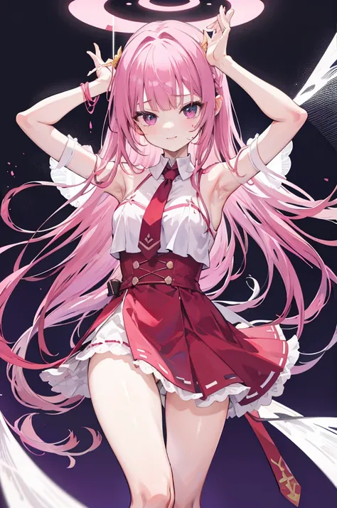 one-girl，Pink medium long hair，Indoors，165cm height，55cm bust，Purple eye，Red dress，red dresposing the abdomen，White panty hose，Bare hands臂，Bare hands，arms raised over shoulderpose the armpits，Sweating in the armpits，ssmile，7 figures，Mitsukasa Ayas