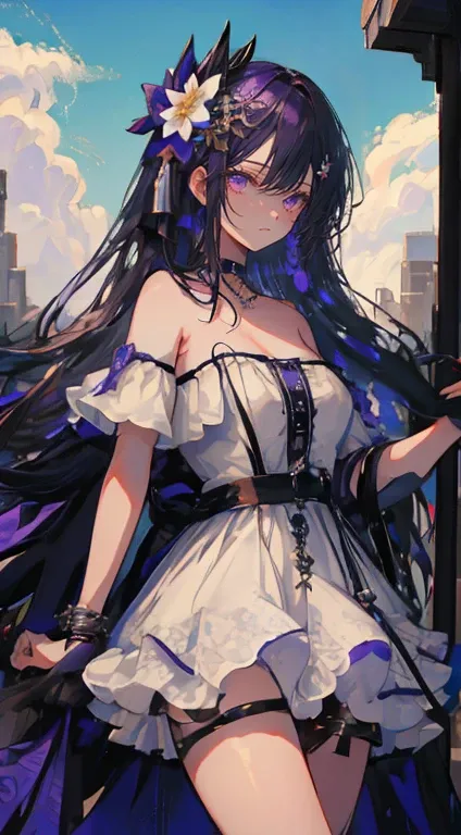 masterpiece, best quality, extremely detailed 8K wallpaper, 1girl, outdoors, Helena(Azur lane),strapless dress, dress, layered dress,white flower, hair ornament, purple eyes, (choker), outline, (black gloveare legs,